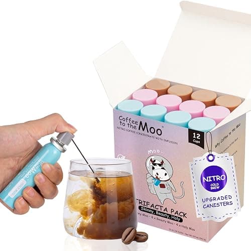 Coffee to the Moo Nitro Cold Brew Coffee Concentrate, Mix Pack (KETO, Collagen & Mushroom Coffee), Instant Hot or Iced, Pocket/Purse Sized & Travel Friendly, Upgraded Canisters, 12 Cups - Image 1