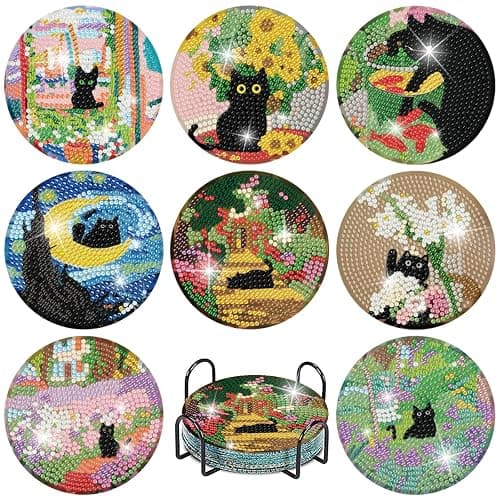 8 Pcs Black Cat Diamond Art Coasters Kits for Adults,DIY Diamond Painting Christmas Coaster Kits with Holder,Paint with Diamonds Coasters Craft Supplies for Decor Gifts thumbnail 2