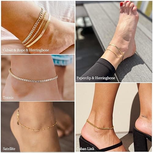 DEARMAY 14K Gold Plated Ankle Bracelets for Women Waterproof - Dainty 6Pcs Anklets Layered Cuban Link Chain Herringbone Cute Anklets Set Pack Summer Beach Jewelry Gift for Women Teen thumbnail 7