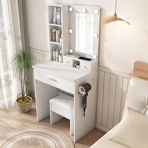 Small Vanity Desk with Mirror and Lights, Makeup Vanity Table with Power Outlet & Drawers & Shelves & Stool, Dressing Table Set for Bedroom, Adjustable Bulb Brightness Mini Vanity Set thumbnail 7