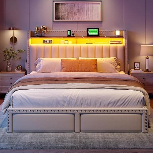 EnHomee Full Size Bed Frame with 2 Drawers, LED & Charging Station, Beige | 2-Tier Storage Headboard, heavy duty 1000lbs wooden slats for bedroom & apartment, noise-Free, Easy Assembly thumbnail 5