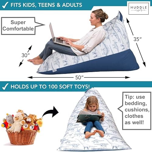 Huddle Original Cover for Stuffed Animal Bean Bag Storage (No Filler) XL Designer Beanbag Chair for Kids & Adults | Instant Clutter Clear for Stylish Moms - 100% Cotton Canvas Chair Blue Dinosaur thumbnail 2