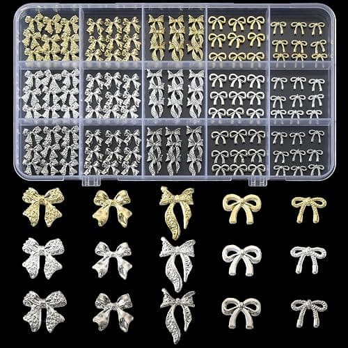 OPMADM 135 Pcs Bow Nail Charms 5 Styles Metal Bow Charms for Nails Gold Silver and White Gold - Image 1