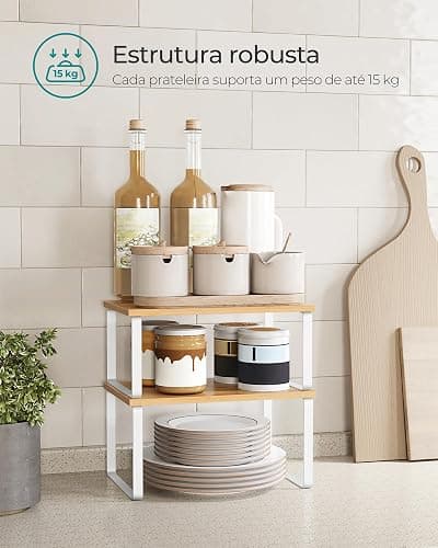 SONGMICS Cabinet Organizer Shelf, Set of 2 Kitchen Counter Shelves, Kitchen Storage, Spice Rack, Stackable, Expandable, Metal and Engineered Wood, 11.7 Inches, Cloud White and Natural Beige UKCS02NW thumbnail 5