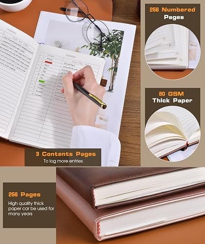 Lined Journal Notebook for Women Men, 256 Numbered Pages Hardcover Leather Journals for Writing, A5 Journaling Notebooks, College Ruled Journal for Business Work School Note Taking 5.75" x 8.38" Brown thumbnail 4