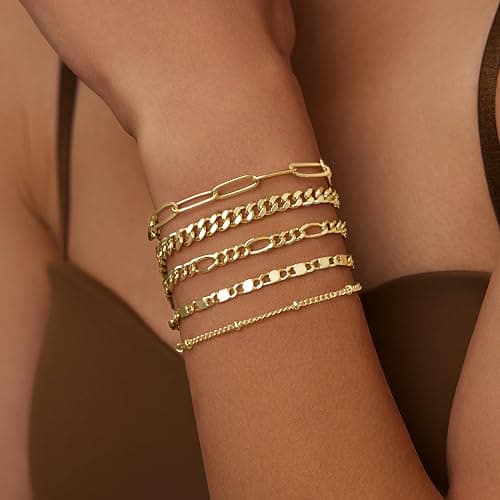 Gokeey Gold Bracelets for Women Trendy,14K Real Gold Plated Dainty Stackable Paperclip Cuban Link Chain Bracelets, Gold Cuff Bracelets Jewelry Gifts Adjustable 7"+2" - Style 01 thumbnail 7