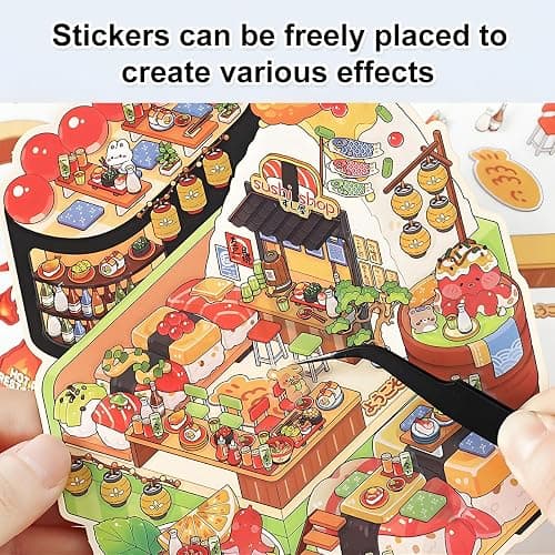 New 4PCS Fun DIY Stickers Scene，Cute 3D Korean Cartoon Scene Sticker for Adult and Children Relief Stress Pass The Time，Mini House Sticker with Tweezers(03) thumbnail 5