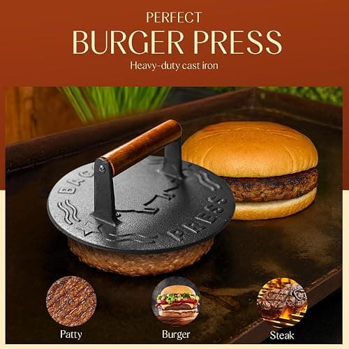 Heavy-Duty Cast Iron Burger Press 8.5 Inch Round Burger Smasher, Grill Press for Cooking Burgers, Bacon, Sandwiches, Steak, Ground Beef, Meats, Sausages, and So On thumbnail 4