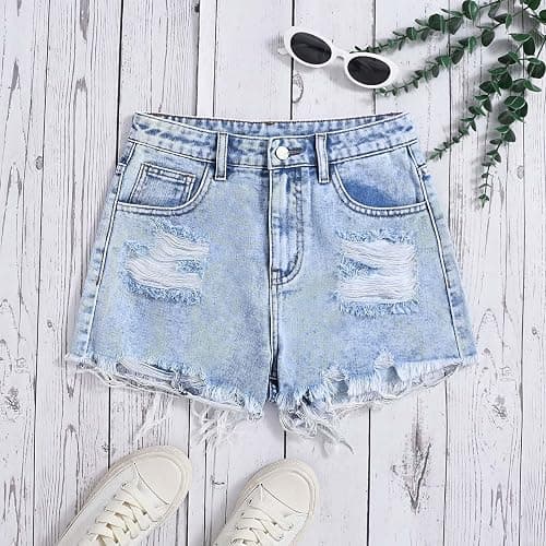 Girls Ripped Jean Shorts Button Elasticated Waist Wide Leg Denim Shorts Casual Fashion Loose Straight Leg Short Jeans with Pockets for Girls Teenagers 12-16 Years Summer Beach Holiday thumbnail 2