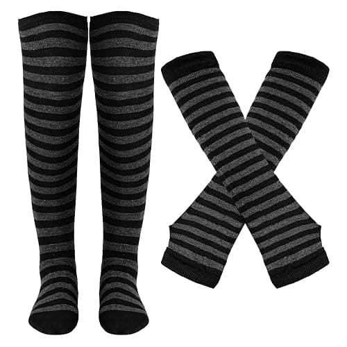 Tongcloud Women's Striped Knee High Socks, Over Knee Thigh High Socks, Arm Warmer and Fingerless Gloves Set - Image 1