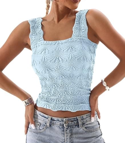 DouBCQ Women Cute Crop Tank Top Square Neck Wide Strap Vest Slim Fit Floral Lettuce Trim Cropped Cami Tops thumbnail 2