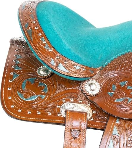 LEATHERRIDE Western Leather Barrel Saddle Floral Embossed Tooled Trail Rodeo Horse Saddle with Matching Headstall, Reins and Breast Collar thumbnail 7