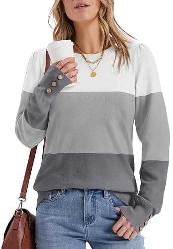 Womens Sweaters Fall Fashion 2025 Long Sleeve Button Cuff Soft Knit Pullover Trendy Tops Dressy Casual Blouses thumbnail 4