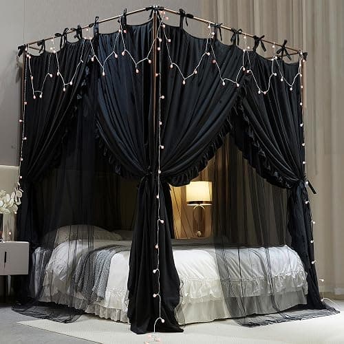 AIOOO 4 Corners Post Princess Curtain Bed Canopy Double Layer Cozy Mosquito Net Mesh and Cloth for Girls Adults Bedroom Decoration (Double-Black/Black, 64" W*82" L*82"*H/(Queen)) thumbnail 4