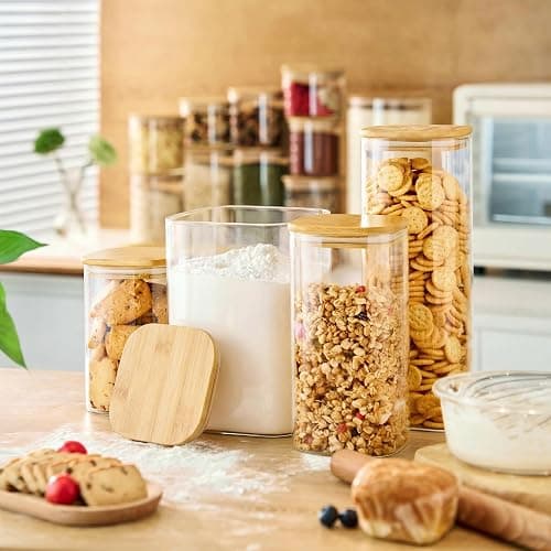 Extra Large Square Glass Flour & Sugar Storage Containers with Airtight Lids, 168oz 2 Pack Glass Jars with Bamboo Lids, Air tight Pantry Food Storage Containers for Cereal, Pasta, Rice Organizers thumbnail 2