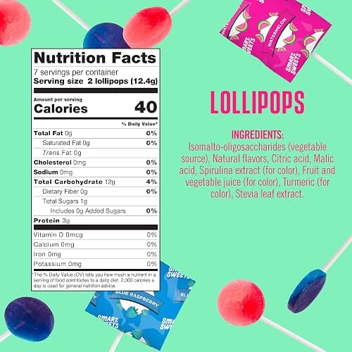 SmartSweets Lollipops, 3oz, Blue Raspberry & Watermelon Flavors, Hard Candy with Low Sugar (1g), Low Calorie (40), No Artificial Sweeteners, Plant-Based, Gluten-Free (Pack of 2) thumbnail 6