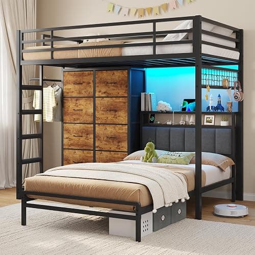 DICTAC Twin Over Twin Bunk Bed with 8 Storage Drawers and Led Lights Metal Bunk Beds with Storage Headboard and Charging Station,L-Shaped bunk Bed for Kids/Teen with Safety Guardrail and Ladder,Black - Image 1