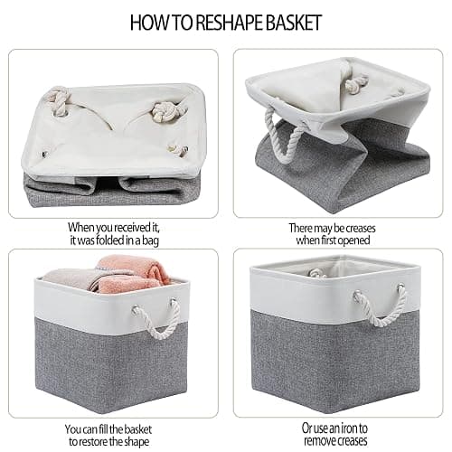 MidmmVick 11 x 11 Inch Cube Storage Bins, 6 Pack Large Collapsible Fabric Storage Bin with Ropes, Foldable Storage Cubes for Home, Office,Closet, Clothes, Toys Organizer (White & Grey-11"x11"x11") thumbnail 4