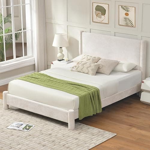VELOCAVA Queen Size Upholstered Platform Bed Frame with Soft Rounded Corners, 44.88" Tall Headboard, Luxury Plush Velvet Upholstery, 11 Slats & 5 Center Legs, No Box Spring Needed, Cream White thumbnail 6