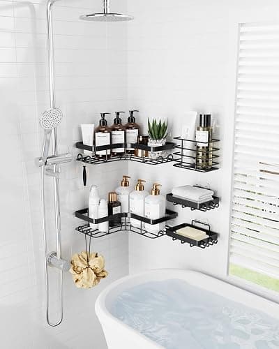Sakugi Corner Shower Caddy - 5-Pack Shower Organizer with Soap Holder & Toothbrush Holder, Rustproof Metal Shower Shelves, Laundry, Kitchen, Bathroom Organizers and Storage Solution, Large, Black thumbnail 3