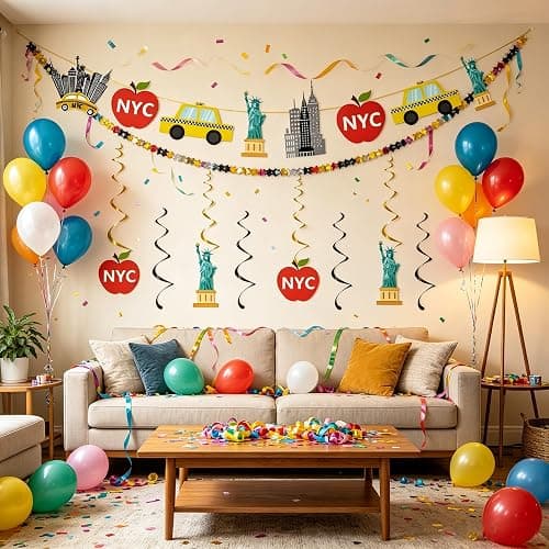 New York Themed Party Decorations | NYC Banner Sign with Hanging Swirls,New York City Theme Birthday Party Decor Supplies thumbnail 2