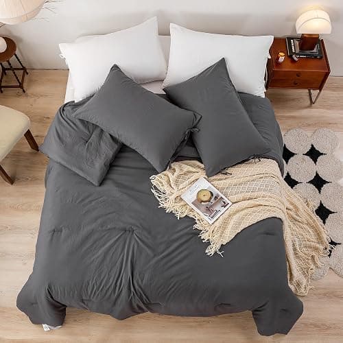 BOHOPOPM Ultra-Soft Cozy Polycotton Bedding Comforter Queen Set - Comfy Fluffy Down Alternative Comforter Queen Size with 2 Pillow Case - Lightweight but Warm Bed Blanket All Season - Dark Gray thumbnail 3