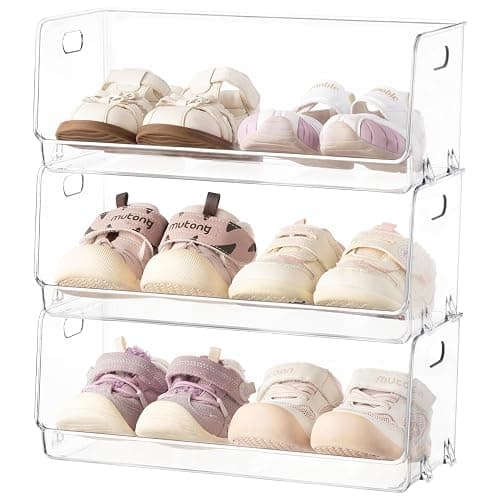 HBlife Clear Acrylic Kids Shoe Rack Baby Toddler Shoe Storage Organizer for Closet Floor Entryway Bedroom, 3 Tier Stackable Small Shoe Rack Shelf Display Stand - Image 1