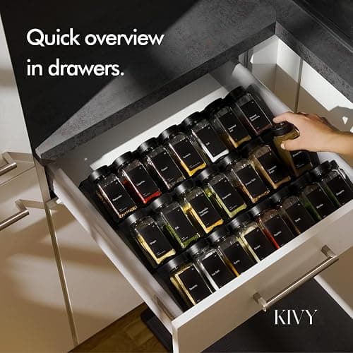 KIVY Spice Drawer Organizer with 24 Spice Jars & 240 Labels - Seasoning Rack for Organization - Kitchen Drawer Insert for Spice Jars - Glass Seasoning Jars with Airtight Lids - Glass Spice Jars Empty thumbnail 5