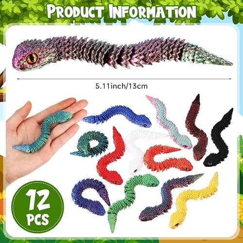 Honoson 12 Pcs 3D Printed Fidget Toy 3D Printed Snakes Small Animal Toy Flexible Cute Articulating Pet Stress Relief Fidget Toys for Play and Display(13cm) thumbnail 3