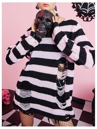 SweatyRocks Women's Ripped Hole Striped Sweaters Oversized Long Sleeve Pullover Knit Top thumbnail 5