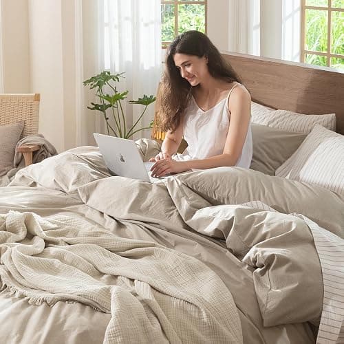 MooMee Duvet Cover Set 100% Washed Cotton Linen Like King | Relaxed Linen-like Texture. Soft, Breathable & Long-lasting Comfort. Lightweight. Hidden Zipper with 8 Interior Corner Ties thumbnail 8