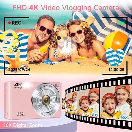 Digital Camera, FHD 4K Autofocus Digital Camera Pink with 64GB SD Card 16X Zoom, 2026 Upgraded Compact Cameras for Photography Point and Shoot Small Camera for Teen Boys Girls Kids Travel Adventures thumbnail 3