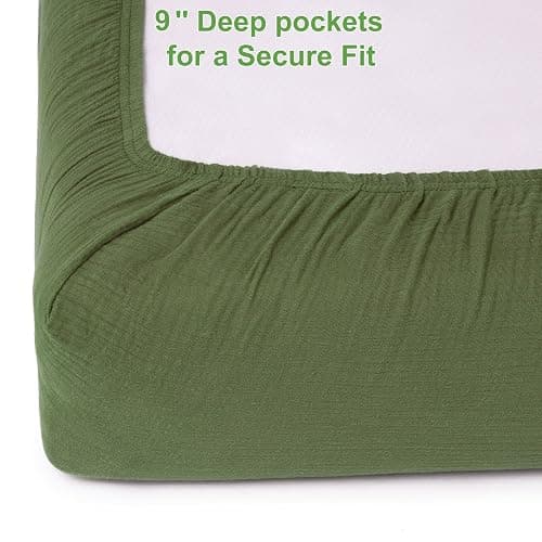 PET REJOIR Muslin Fitted Crib Sheets for Girls & Boys-2 Pack 28"x 52" Soft Baby Mattress Sheet-No Slip Boho Neutral Breathable Toddler Cotton Bedding Olive Green & Beige | Muslin, 2 Pack, 28"x 52", Soft, Boho Neutral, Breathable, Toddler Cotton Bedding, Olive Green & Beige thumbnail 7