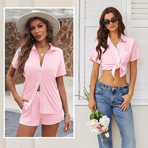 Ekouaer Womens Pajama Sets Button Down Lounge Set 2 Piece Loungewear Soft Sleepwear Short Sleeve Pjs with Pockets thumbnail 6