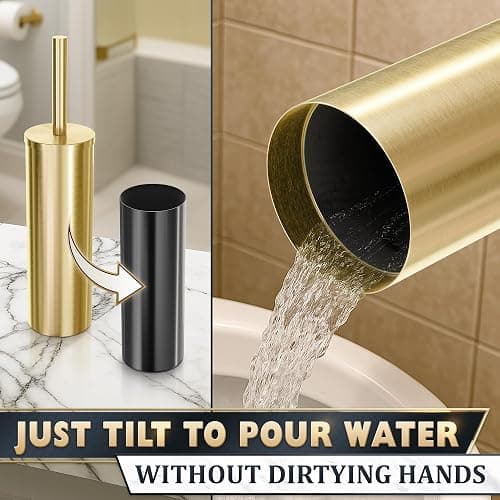 Gold Toilet Brush and Holder Set - Brushed Stainless Steel Gold Toilet Bowl Brush and Holder with Replaceable Head, Removable Inner Bowl, and Splash Protection - Dense Bristles for Thorough Cleaning thumbnail 8