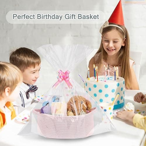COMSE Small Woven Basket with Gift Bags and Ribbons, Gift Basket Empty, Cotton Rope Storage Organizer, Baby Toy Box with Handles, 12" x 8" x 5", Light pink thumbnail 4