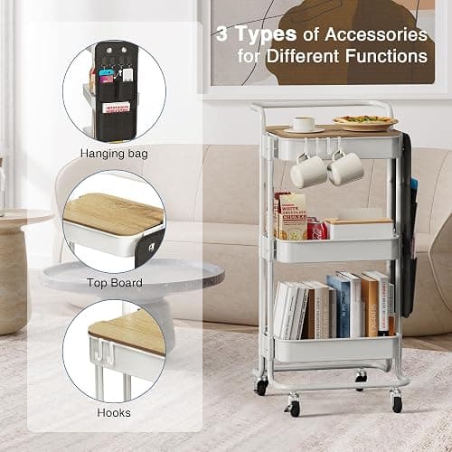 DTK 3 Tier Metal Utility Rolling Cart with Table Top and Side Bags, Metal Tray Storage Organizer Cart with Wheels, Art Craft Cart with 4 Hooks for Kitchen Bathroom Office Living Room (White) thumbnail 7