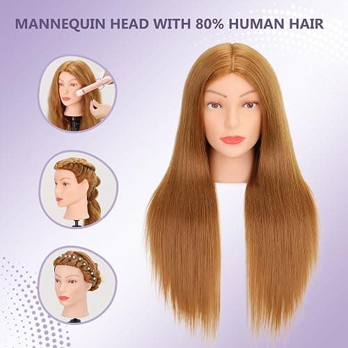 Mannequin Head Human Hair 80% Real Hair Cosmetology Mannequin Head for Braiding Styling Cutting 26-28” Doll Head with Clamp Tools (Blonde) thumbnail 3
