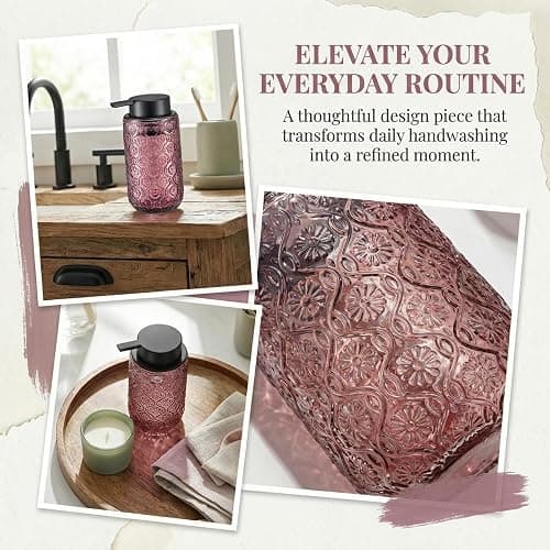 zuxzmj Pink Glass Foaming Hand Soap Dispenser with Matte Black Pump Thick Embossed Bottle Refillable for Bathroom and Kitchen Decor 13.5 oz thumbnail 6