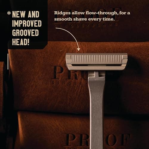 Proof Benchmark Single Blade Razor CNC Machined Aluminum Metal - Made in USA - Pivoting Head for a Smooth & Comfortable Shave - Easy Blade Replacement - Durable Design with Grooved Cap & Leather Case thumbnail 3
