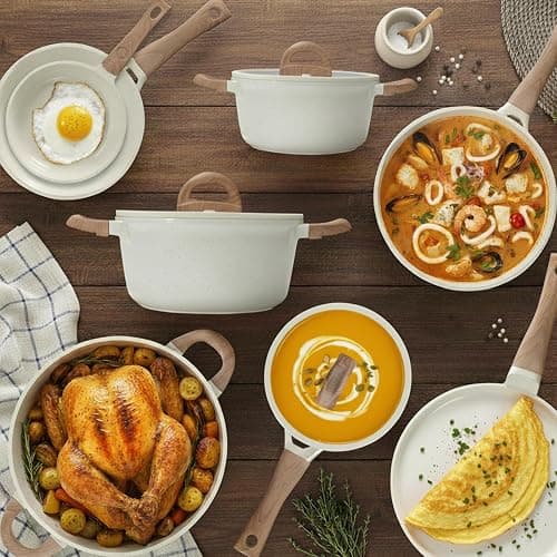 Pots and Pans Set Non Stick Non-Toxic 22 Pcs Ceramic Cookware Sets Nonstick Kitchen Pot&Pan With Lid Cream White Granite Induction Compatible with Glass Lids Crepe Frying Pan PFOA/PFOS-Free thumbnail 2