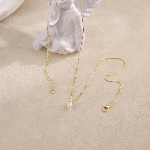 Pearl Necklaces for Women Trendy,Dainty Gold Necklace 14K Gold Plated Pearl Pendant Necklace Single Pearl Necklace Cute Choker Necklace Gold Lariat Necklace Simple Chain Necklace Bridal Gifts thumbnail 7