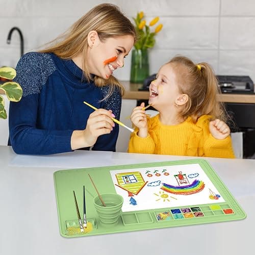 Silicone Painting Mat with Cup, 20"X16" Craft Mat, Siliocne Mat for Crafts, Resin, Paint, Clay, Non Stick Art Mat with Raised Edge, Painting Supplies (Apple Green) thumbnail 2