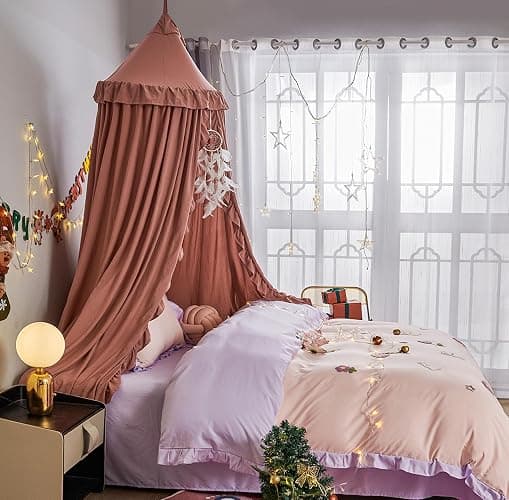 VETHIN Bed Canopy for Girls,Princess Round Dome Dreamy Mosquito Net Bedding Girls Room Castle Play Tent Hanging House Decor Reading Nook Canopies (JujubeRed) thumbnail 3