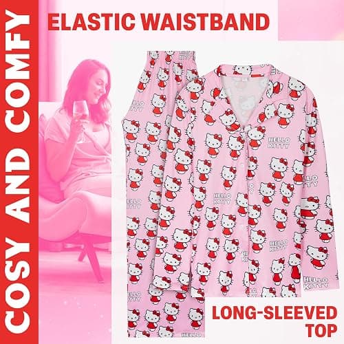 Hello Kitty Pajamas for Women Teens Long PJs Comfy Kawaii Button Down Lounge Set thumbnail 4