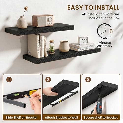 Natural Homi Floating Shelves for Wall,15.75in Wall Mounted Storage and Display for Living Room, Bedroom, Kitchen, Bathroom Set of 2 Black thumbnail 4