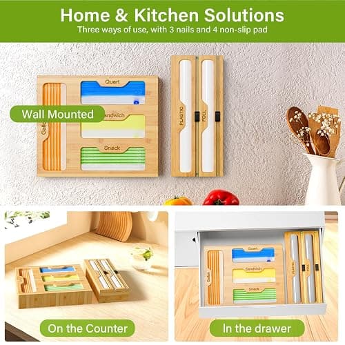 KOCWELL Bamboo Bag Storage Organizer - 2 Wrap Dispenser with Cutter & 4 Slots Food Storage Bags Container - Kitchen Drawer Plastic Bags Storage Organization for Gallon Quart Sandwich Snack Bags thumbnail 8