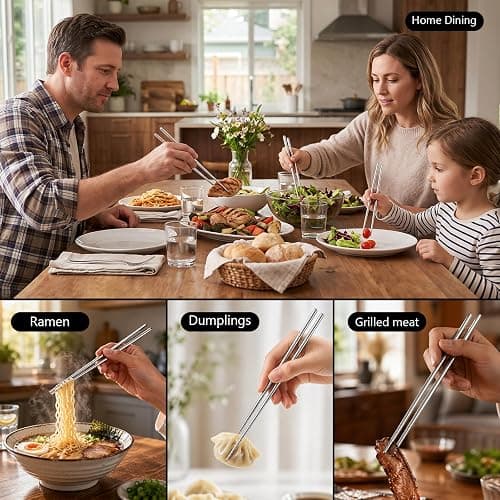 Maclia 6 Pairs 304 Stainless Steel Reusable Chopsticks, Silver | Non-Slip Tips, Dishwasher Safe & Lightweight, For Sushi, Ramen, Noodles, Rice & Asian Cuisine, Premium Gift Set, Food Grade thumbnail 6