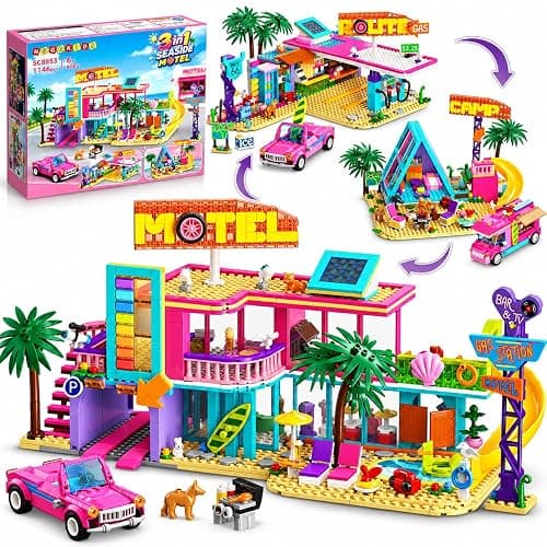 HOGOKIDS 3-in-1 Friends Motel Building Set with LED & Car for Girls Age 8+ | Foldable design with guest rooms, balcony, pool area, gas station and campsite for imaginative road-trip and vacation play - Image 1
