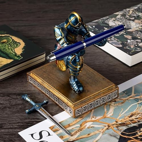 MACLARONX Kneeling Knight Pen Holder with Sword Medieval Warrior Fancy Pencil Stand for Office Desk Home Decor for Men Father Husband Armor Soldier Statue thumbnail 3
